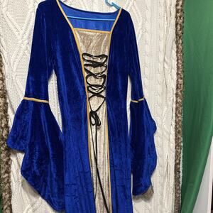 BLUE VELVET Victorian Halloween M Corset Lace Up GOLD Renaissance Gothic Gown